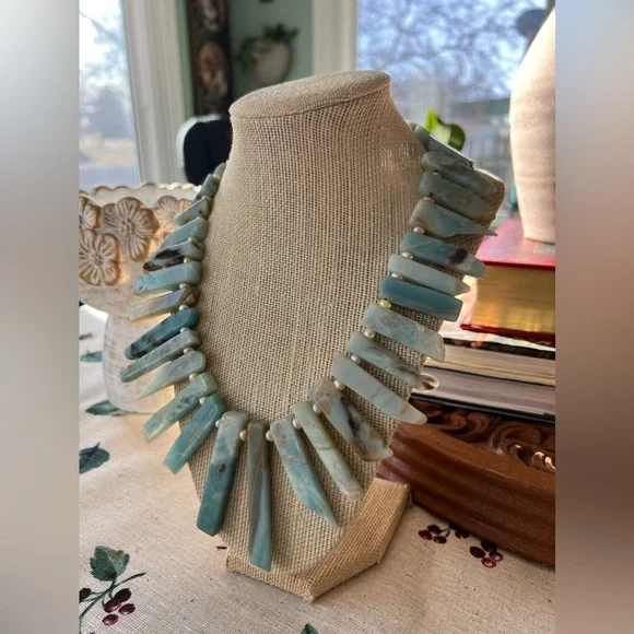 Handmade Amazonite & freshwater pearl bohemian tribal statement necklace - Picture 2 of 7